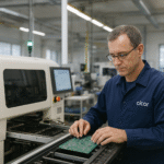 Cicor engineer inspecting a printed circuit board beside an automated pick-and-place machine at a modern electronics manufacturing facility.”