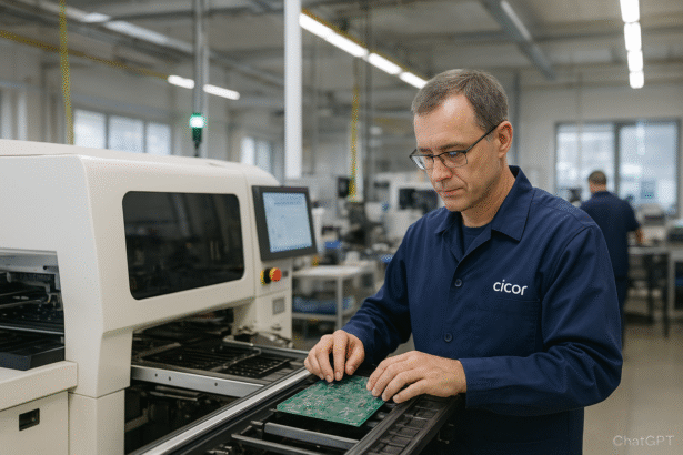 Cicor engineer inspecting a printed circuit board beside an automated pick-and-place machine at a modern electronics manufacturing facility.”