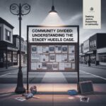 Headline text reading 'Stacey Huels Lawsuit: Impact on Community and Public Opinion' with subheading about public perception and community trust in banking leadership on a beige background.