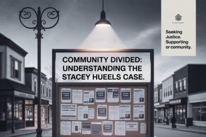 Headline text reading 'Stacey Huels Lawsuit: Impact on Community and Public Opinion' with subheading about public perception and community trust in banking leadership on a beige background.