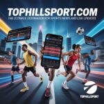 TopHillSport.com promotional poster showing athletes running with mobile app interface for live sports scores and updates