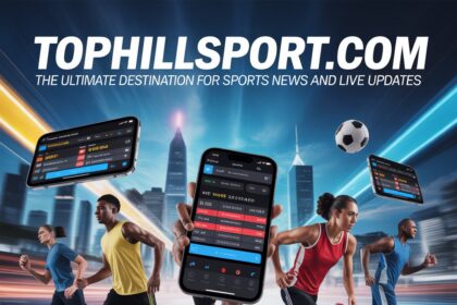 TopHillSport.com promotional poster showing athletes running with mobile app interface for live sports scores and updates