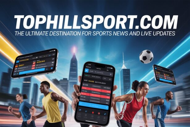 TopHillSport.com promotional poster showing athletes running with mobile app interface for live sports scores and updates