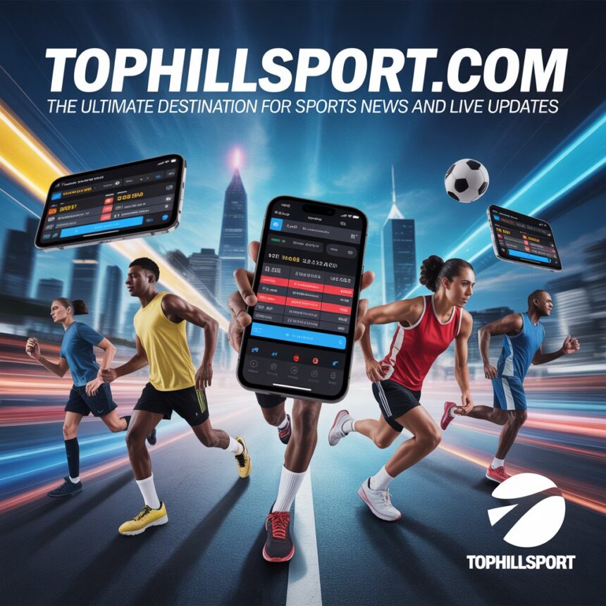 TopHillSport.com promotional poster showing athletes running with mobile app interface for live sports scores and updates
