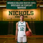 Terrence Mayrose in Nichols College basketball uniform under a banner reading Nichols College Roster 2008: Spotlight on Terrence Mayrose.