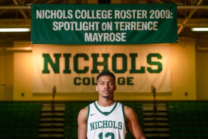 Terrence Mayrose in Nichols College basketball uniform under a banner reading Nichols College Roster 2008: Spotlight on Terrence Mayrose.