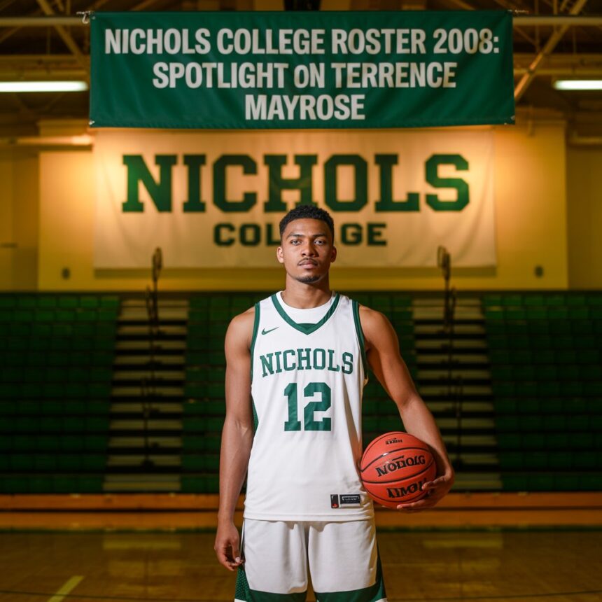 Terrence Mayrose in Nichols College basketball uniform under a banner reading Nichols College Roster 2008: Spotlight on Terrence Mayrose.