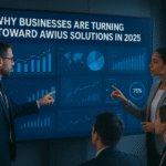Business professionals analyzing AWIUS dashboard on a futuristic digital screen.