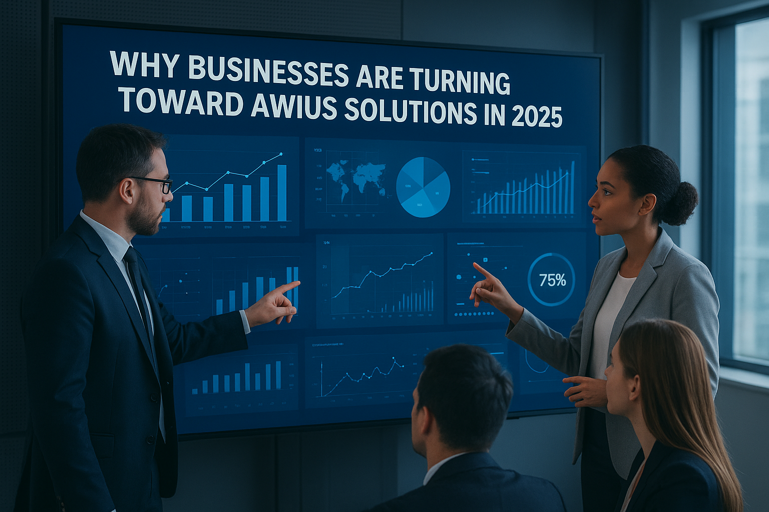 Business professionals analyzing AWIUS dashboard on a futuristic digital screen.