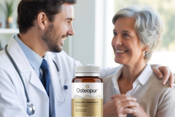 Doctor smiling and consulting an older woman about Osteopur bone health supplement, highlighting its benefits for bone density and calcium support.