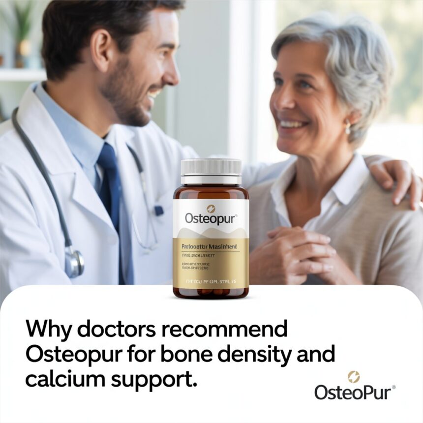 Doctor smiling and consulting an older woman about Osteopur bone health supplement, highlighting its benefits for bone density and calcium support.