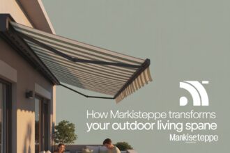 Couple relaxing under a modern Markiseteppe awning on a stylish outdoor terrace, enjoying food and comfort in shaded sunlight