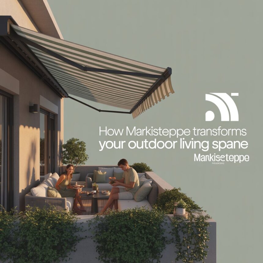 Couple relaxing under a modern Markiseteppe awning on a stylish outdoor terrace, enjoying food and comfort in shaded sunlight