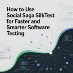 Digital illustration showing the concept of software automation with circuit lines and code blocks, representing faster and smarter software testing using Social Saga SilkTest.