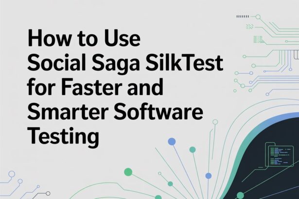 Digital illustration showing the concept of software automation with circuit lines and code blocks, representing faster and smarter software testing using Social Saga SilkTest.