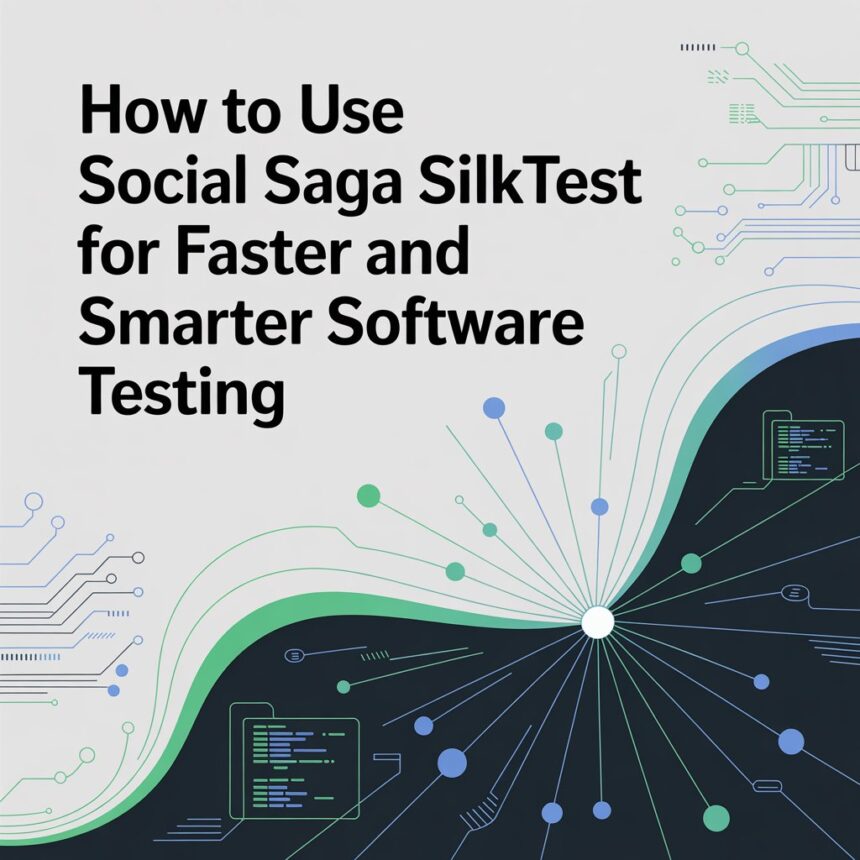 Digital illustration showing the concept of software automation with circuit lines and code blocks, representing faster and smarter software testing using Social Saga SilkTest.